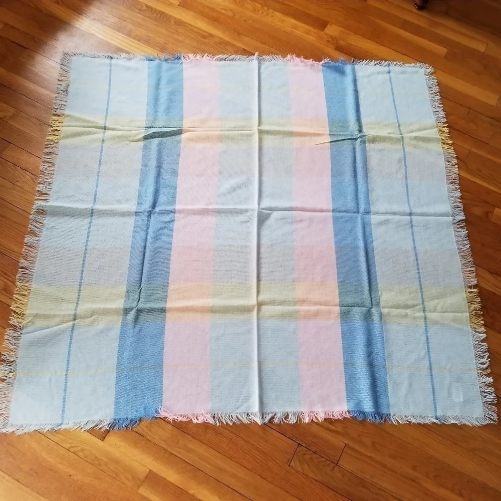 Vintage Ombre Stripe Acrylic Fringe Baby Blanket Pastel Pink Blue NOS Soft Girl